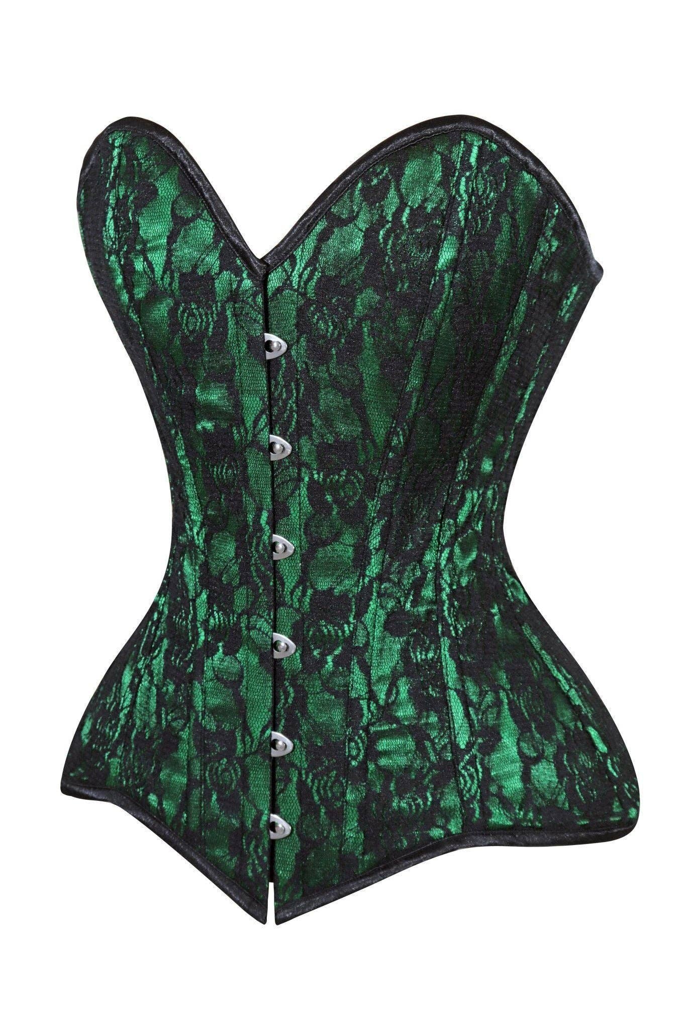 AUTUMN RENAISSANCE: Lavish Green/Black Lace Overbust Corset Sweetheart Neckline Busk Closure