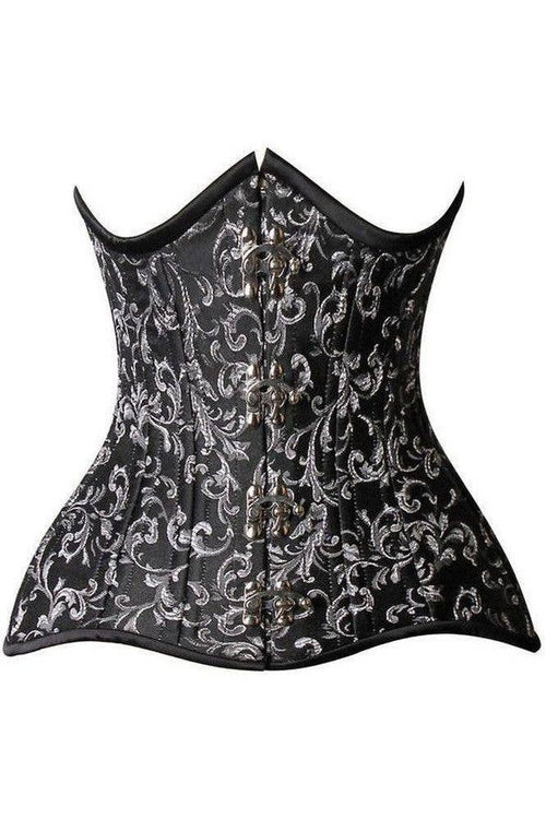 AUTUMN RENAISSANCE: Top Drawer CURVY Black/Silver Brocade Double Steel Boned Under Bust Corset