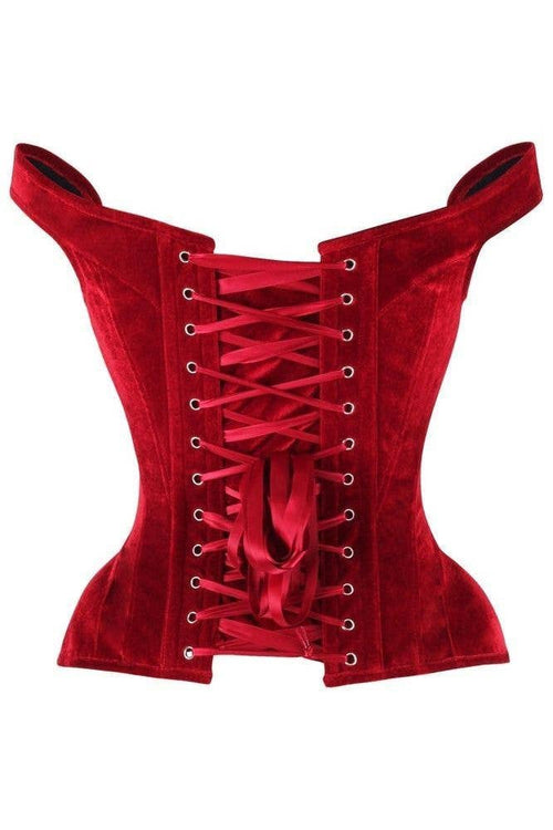 AUTUMN RENAISSANCE: Top Drawer Dark Red Velvet Steel Boned Corset w/Straps