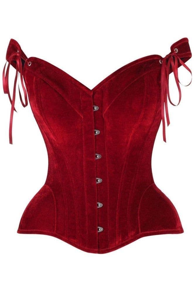 AUTUMN RENAISSANCE: Top Drawer Dark Red Velvet Steel Boned Corset w/Straps