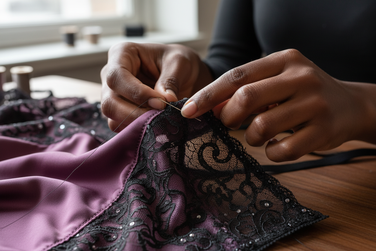 close up of hands of person with dark skin sewing lingerie garment made of silk and lace